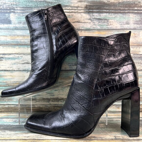 Bebe Ankle Boot Womens 11M Black Croc Print Leather Square Toe Club Edgy Modern - Picture 3 of 12